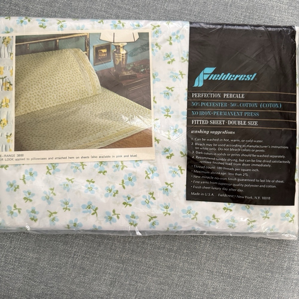 Fieldcrest Vintage Double Fitted‎ Sheet Polycotton Floral No Iron Sealed New USA